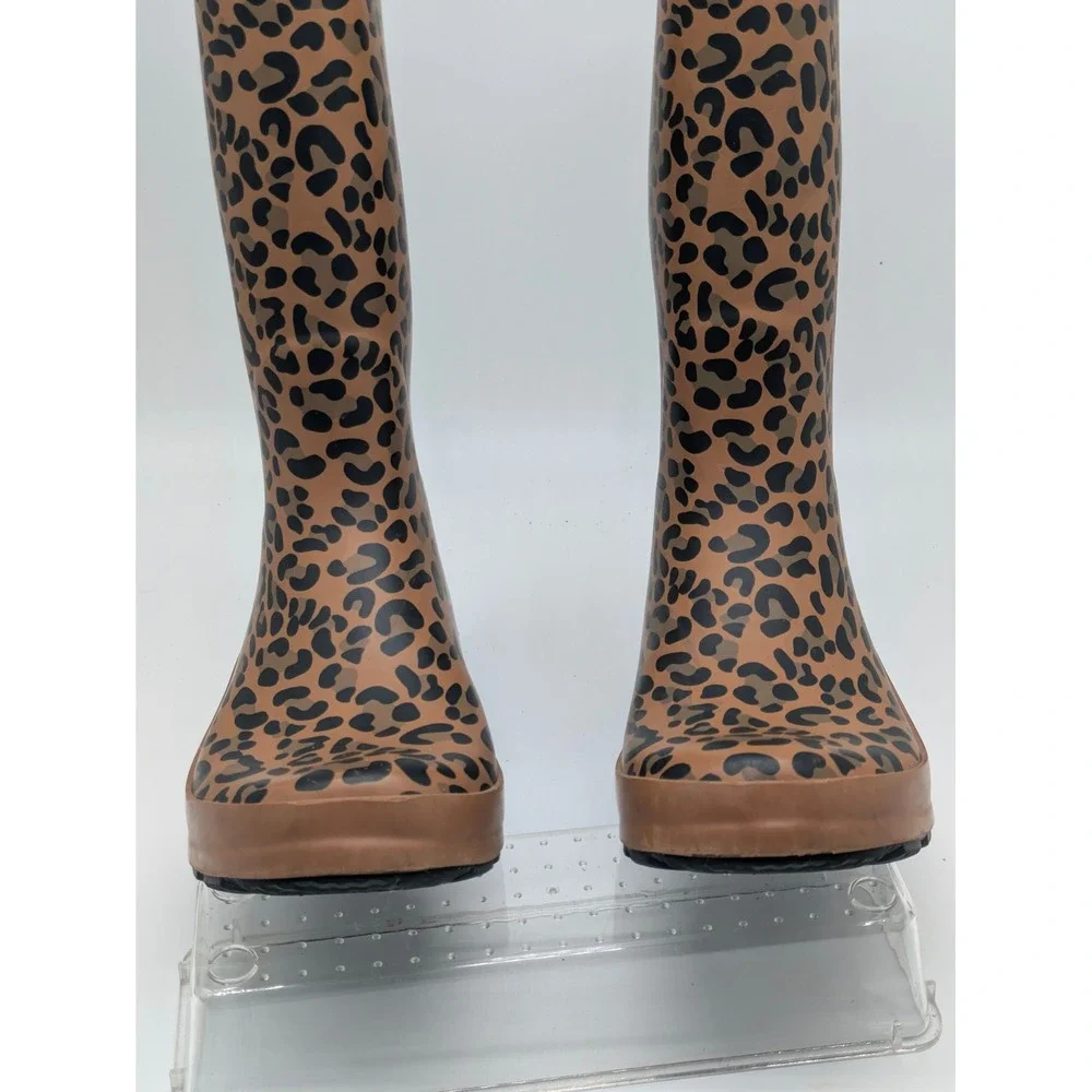 Girls Leopard Print Rain Boots Size 3 Brown Pink Waterproof Mid Calf Boots